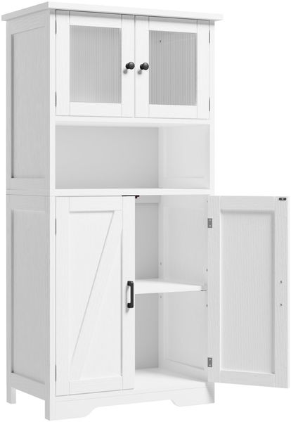 GarveeHome 128 cm Hoher Badezimmerschrank, Freistehender Badezimmer-Aufbewahrungsschrank Mit Glastüren Und Offenem Regal, Kippschutz-Set, Für Wohnzimmer, Küche，Weiß