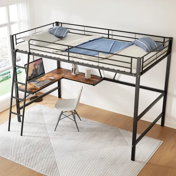 Hochbett mit Rausfallschutz, Regal, Leiter, Schreibtisch und Lattenrost, 90x200 cm, Metallbett, Kinderbett