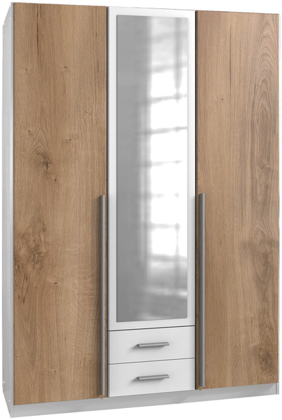 SKATE Kleiderschrank, Front und Korpus Weiß, mit Spiegel, Außentüren Plankeneiche Nachbildung