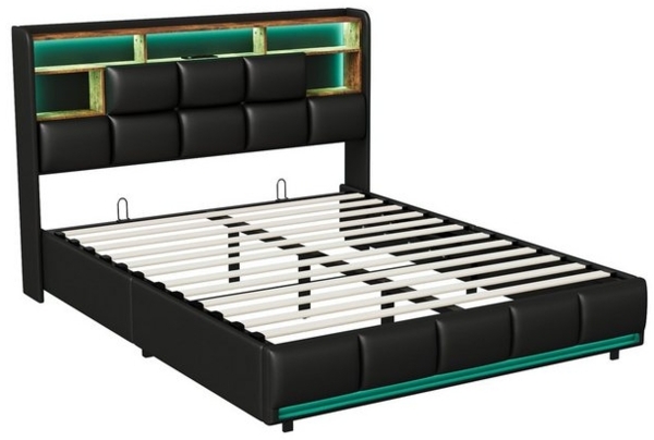 PXloue Polsterbett LED Doppelbett Stauraumbett (Hydraulisch hebbarer Stauraum), Bettkasten, Ladestation, Kunstleder, 140x200 cm Bild 4