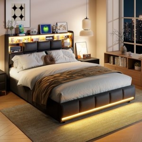 PXloue Polsterbett LED Doppelbett Stauraumbett (Hydraulisch hebbarer Stauraum), Bettkasten, Ladestation, Kunstleder, 140x200 cm Bild 6