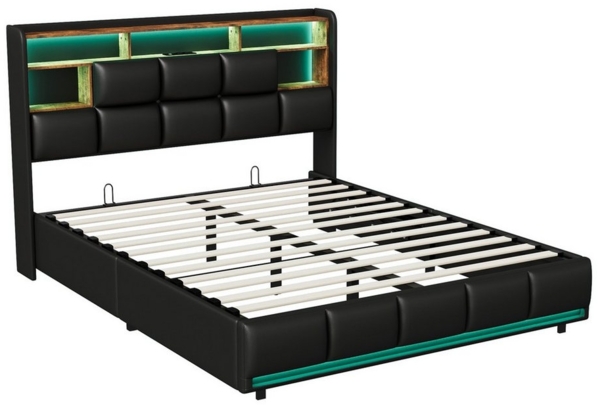 PXloue Polsterbett LED Doppelbett Stauraumbett (Hydraulisch hebbarer Stauraum), Bettkasten, Ladestation, Kunstleder, 140x200 cm Bild 2