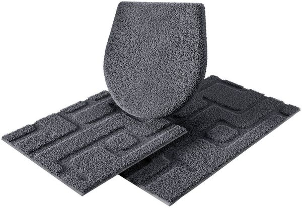 Grund Badematte Riana, Badvorleger, Badezimmer Teppich, sehr weich, Höhe 20 mm, rutschhemmend beschichtet, schnell trocknend, Polyester, rechteckig, 3-tlg. Hänge-WC Set, Modernes Design mit Linien in Hoch-Tief-Struktur, Made in Europe