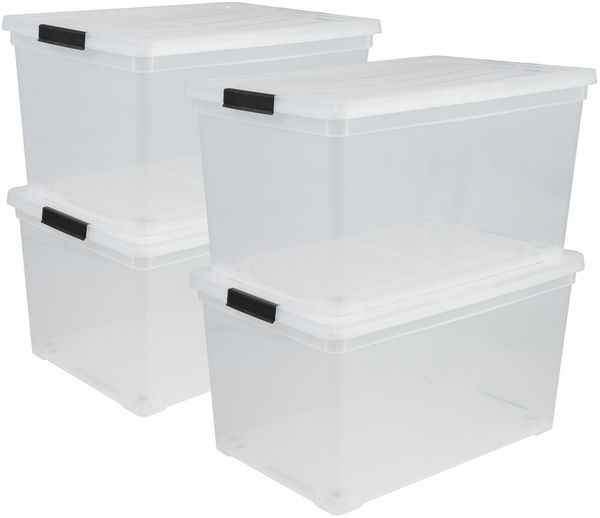 Iris Ohyama, Aufbewahrungsbox aus Kunststoff, 50 l Büro-Aufbewahrungsbox, 4er-Set, NCS-320, transparent, stapelbar, Verschlussclips, B54 x T39,5 x H30,5 cm