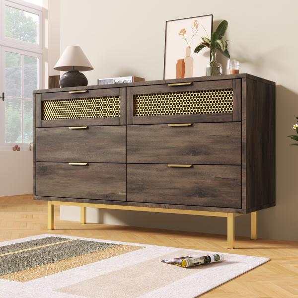 Merax Sideboard-Schrank Kommode mit 6 Schubladen, 120 x 40 x 76 cm, dunkelbraun, Metallgriffe Kommode, Mehrzweckschrank für Flur, Schlafzimmer, Wohnzimmer und Kinderzimmer