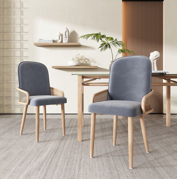 Esszimmerstuhl 2er-Set 90cm×32cm×45cm aus Samt und PE-Rattan mit Metallbeinen, Grau