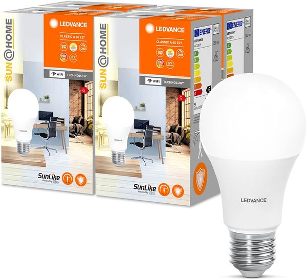 LEDVANCE SUN@HOME LED Lampe E27 mit 9W ersetzt 40 W, 750 Lm, Sonnenlicht bis Kaminfeuer (2200-5000K), CRI95, Smarte WIFI Leuchte per Alexa, google und App steuerbar, SMART+ CL A WIFI TW E27, 4er-Pack