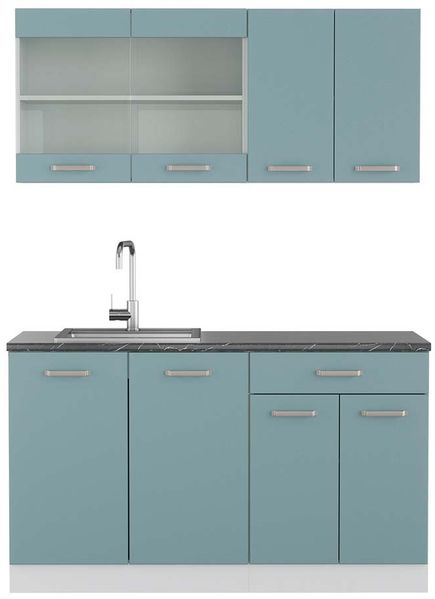 Singleküche R-Line Blau-Grau/Weiß 140 cm , AP Anthrazit Vicco