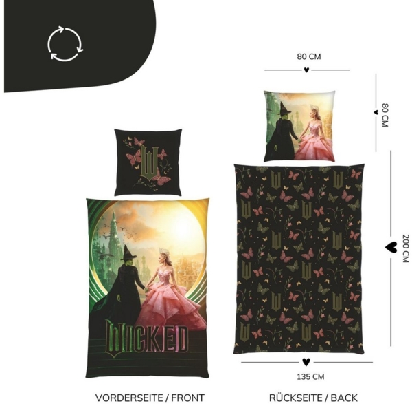 MTOnlinehandel Bettwäsche 135x200 Wicked, Mikrofaser, 2 teilig, zauberhafte Wendebettwäsche mit Glinda und Elphaba Bild 3