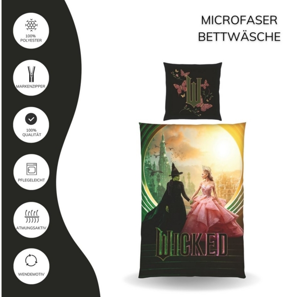 MTOnlinehandel Bettwäsche 135x200 Wicked, Mikrofaser, 2 teilig, zauberhafte Wendebettwäsche mit Glinda und Elphaba Bild 2