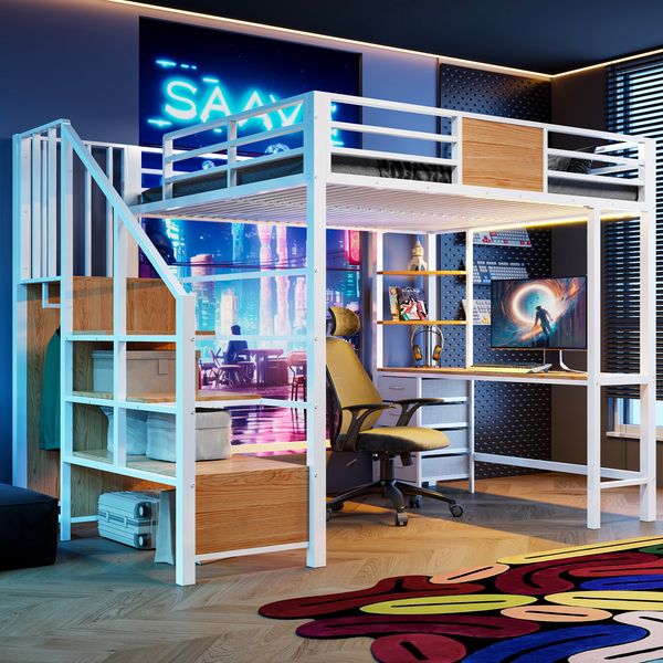 Hochbett 140*200 aus Metall mit Schreibtisch, Ablagefächern, Kleiderstange, LED-Beleuchtung und Steckdose Multifunktionale Etagenbett ist ideal für Büros, Arbeitszimmer und kleine Zimmer