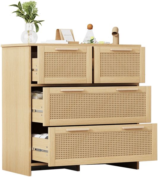 Rattanschrank mit 4 Schubladen und Massivholzgriffen, natürliches Rattan-Design, B80 x H80 x T38 cm