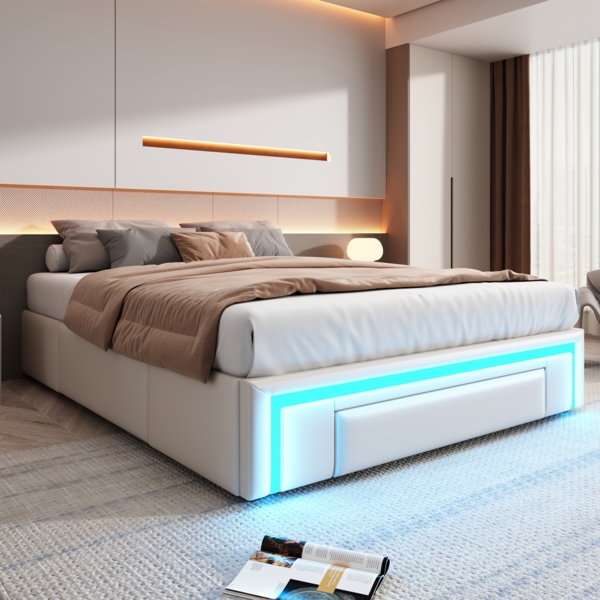 Kunstleder Bettgestell 140x200 cm mit Stauraum & LED, kopfteilloses Design, Metallrahmen,beige