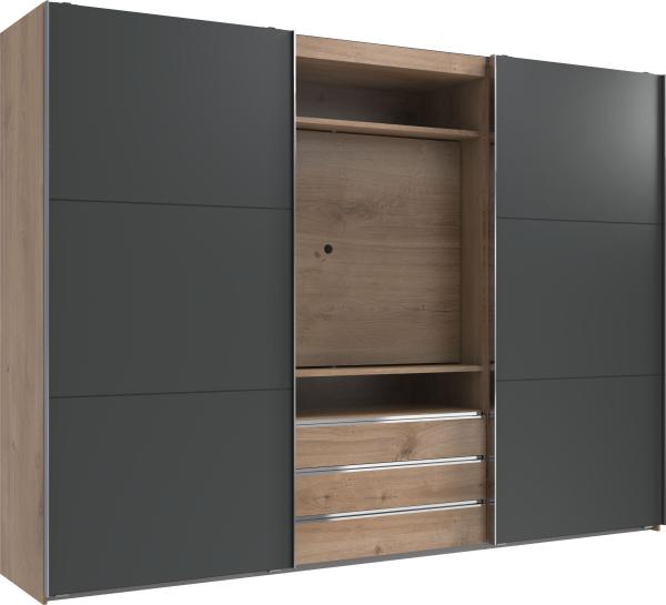 Schwebetürenschrank >MAGIC< in PLANKENEICHE NB + GRAPHIT - 300x216x65cm (BxHxT)