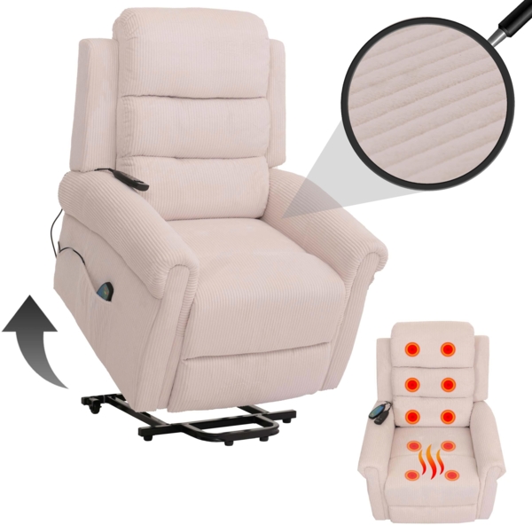 Fernsehsessel HWC-K63, Relaxsessel, Liegefunktion Aufstehhilfe Massage Heizfunktion, Stoff (220g/m²) Cord ~ creme-weiß