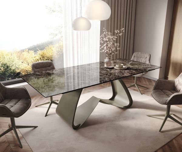 Esstisch Edge 180-220x100 Keramik Emperador Extra Lucidato Dunkelbraun W-Gestell Effektfinish Titan ausziehbar