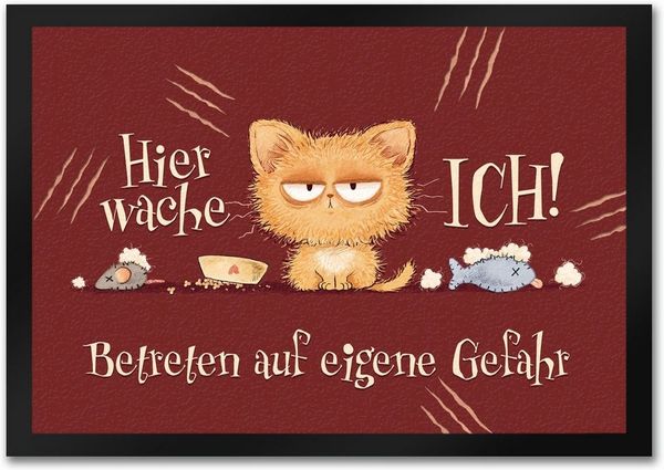 speecheese Fußmatte Katze Fußmatte in 35x50 cm mit Spruch Hier wache ich Eigene Gefahr