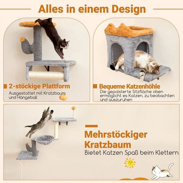 COSTWAY Kratzbaum, Katzenturm-Set, wandmontiert, Platzsparendes Katzenbaum Set