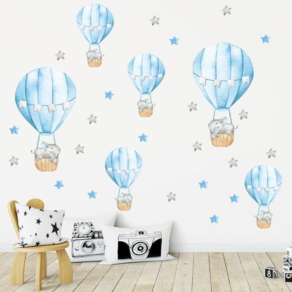 Montegoni Wandsticker Blaue Babyelefant Wandsticker mit Heißluftballon und Sternen, Selbstklebende Wandsticker, leicht entfernbar