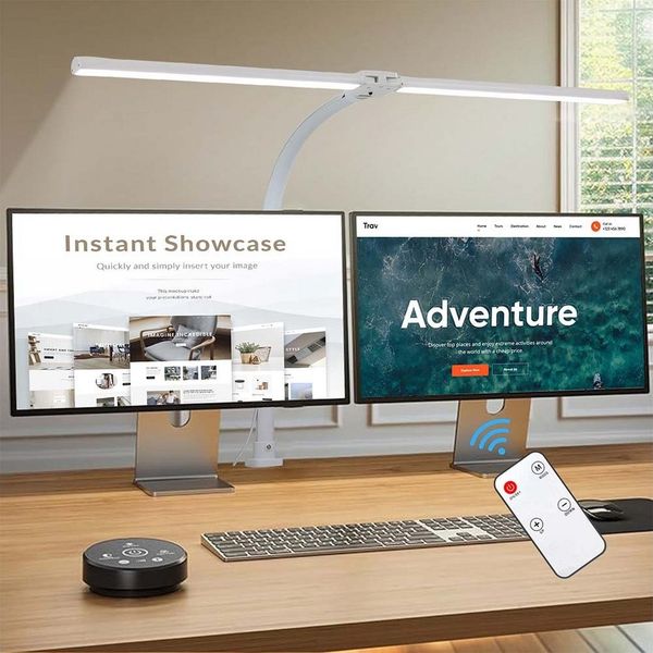 LMaxhome Schreibtischlampe Dimmbar LED Büro-Tischlampe 24W Doppelkopf klemmbar 1000lm Augenschutz, 80CM 5 Farbtemperatur 5 Helligkeitsstufen mit Fernbedienung Tageslicht
