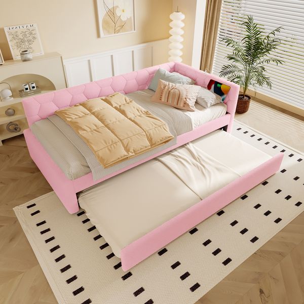 Daybett 90x200 cm mit ausziehbarem Rollbett, Bett mit USB & Typ-C Ladeanschluss und Nachttischlampe,Weiß