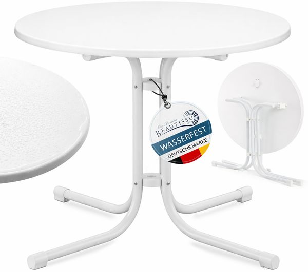 Beautissu Bistrotisch Outdoor Rund Ø 70 cm Wasserfest – Beistelltisch Balkontisch Wetterfest Gartentisch Rund Klappbar 70 cm hoch – Campingtisch Partytisch Esstisch Gastro – Weiß Bistroni