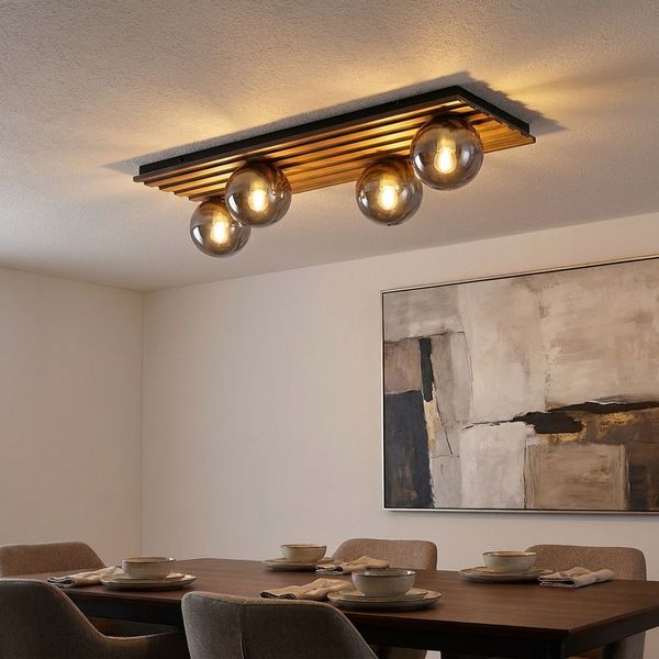 LED Deckenleuchte, Holzoptik, schwarz, Rauchglas, L 90 cm
