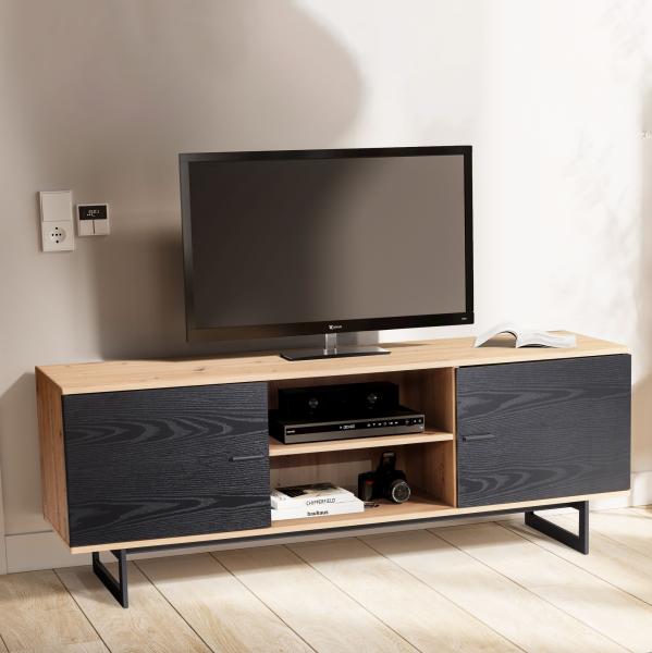 FineBuy Lowboard Eiche-Dekor 150x55x40 cm TV-Kommode Modern, Design TV-Schrank Hoch, Fernsehtisch Fernsehschrank mit zwei Türen, Fernsehkommode Wohnzimmer Schwarz