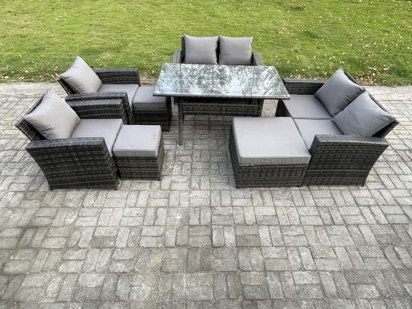 Fimous Polyrattan Gartenlounge Set 8 Stücke Outdoor Gartenmöbel-Set Set mit 3 Fußhockern Dunkelgrau gemischt