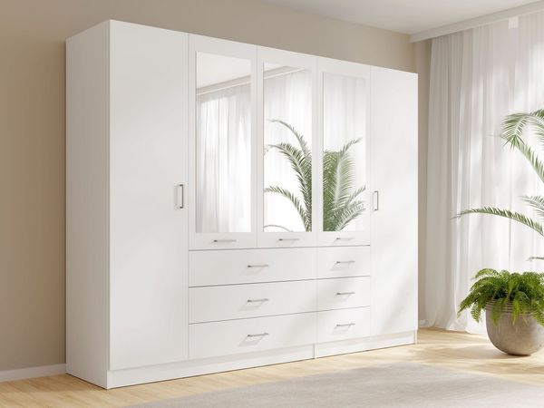 Raumhirsch Furniture Kleiderschrank Garderobenschrank, Drehtürenschrank, Schrank mit Spiegel (Maße: 250 x 58 x 200,5 cm (viel Stauraum, einfache Montage) 5-türig, 6 Schubladen, Kleiderstange