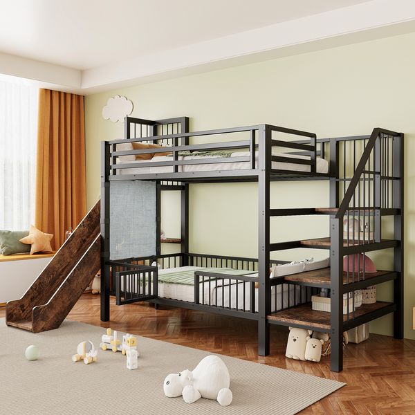 Metall-Hochbett für Kinder mit Rutsche und Stauraumtreppe 90*200CM , Etagenbettgestell mit Schutzgittertür, integrierten Regalen, platzsparendes Kinderbett für Jungen- und Mädchenzimmer Schwarz