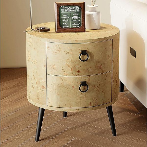GarveeMore Beistelltisch Runder mit 2 Schubladen,moderner Nachttisch,47x47x55cm, Beistelltisch aus Holz mit Metallbeinen für Wohnzimmer,Schlafzimmer