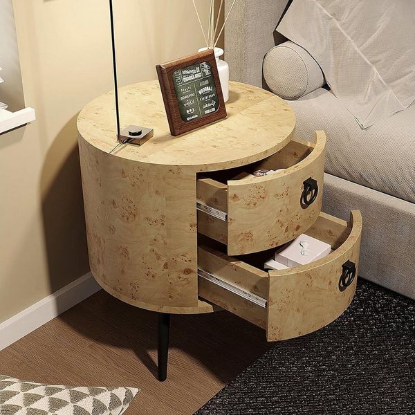 GarveeMore Beistelltisch Runder mit 2 Schubladen,moderner Nachttisch,47x47x55cm, Beistelltisch aus Holz mit Metallbeinen für Wohnzimmer,Schlafzimmer