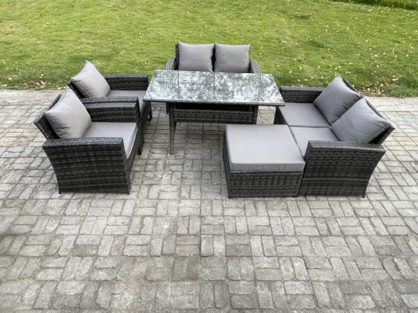 Fimous Rattan Gartenmöbel-Set 7 Sitzer Terrassen mit Länglicher Esstisch Doppelsitzsofa Großer Fußhocker Dunkelgrau gemischt