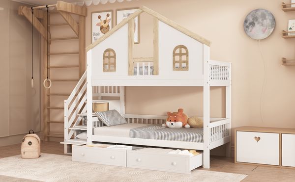MODFU Etagenbett Kinderbett,Funktionsbett,Stauraumbett,Doppelbett (90x200cm), ohne Matratze