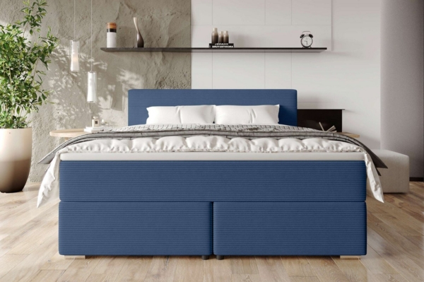 99rooms 'Phönix' Boxspringbett, Blau, 200x200 cm, Cordstoff POSO