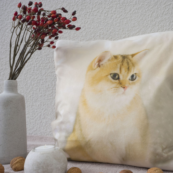 Kissen Deko beige Katze im Schnee 40x40 Polyester kissenbezug Dekokissen Bild 4