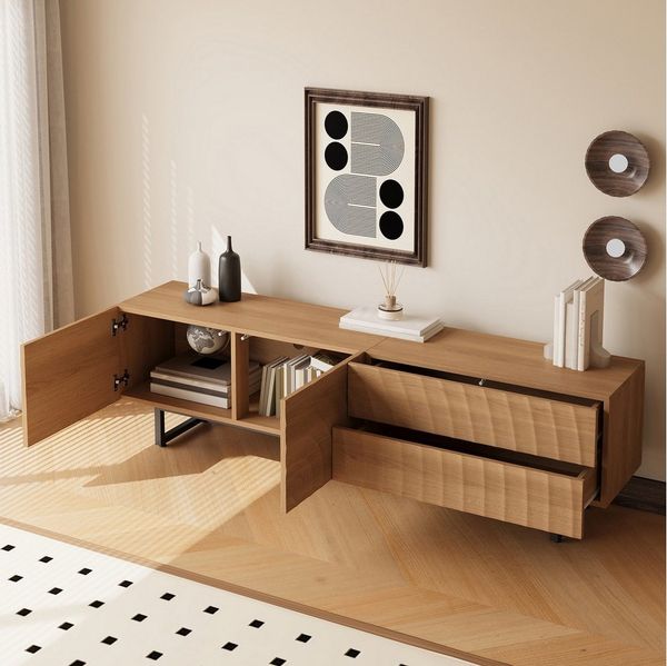MODFU TV-Schrank Sideboard mit skulpturaler 3D-Textur & welliger Maserung (Packung, 1-St, 180x51,5x38 cm in Natural, 2 Türen, 2 Schubladen, Metallbeine) Heller Holzsockel unterstreicht das einzigartige Design