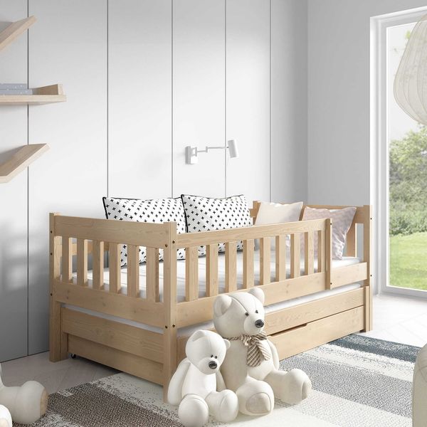 Jerpax Kinderbett KAJA mit Matratze, Unterbett und Schublade, Doppelbett mit Rausfallschutz, Kiefer, 160x80 cm