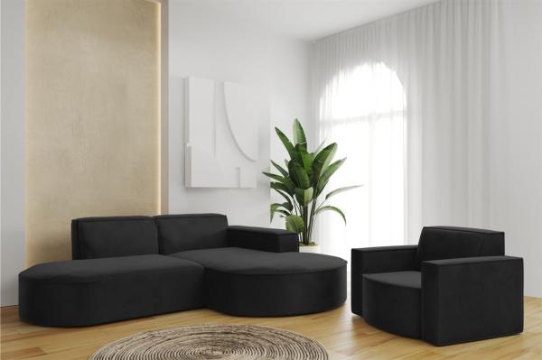 Sofa Set 2-teilig Sessel und Ecksofa PALMA XS Stoff Opera Schwarz Ottomane Rechts