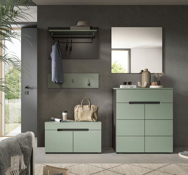 Home affaire Garderoben-Set REHAT, TOPSELLER!, 5-teilig, Breite 175cm, individuell stellbar, (Set, 4-St, bestehend aus: Sitzbank, Paneel, Hakenleiste, Spiegel, Kommode), Garderobenkombination, Kombination, Set, Flurgarderobe, Diele