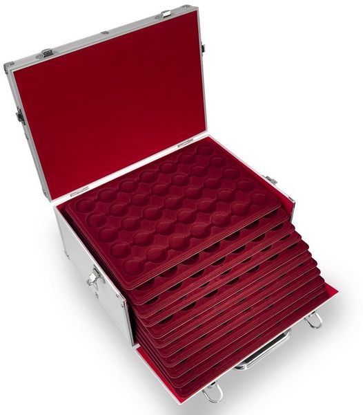 MC. Sammler Aufbewahrungsbox inkl 11 Tableaus für 385 Stk 10, 20, 25 Euro, 10 DM Münzen in Kapseln, ohne Münzkapseln