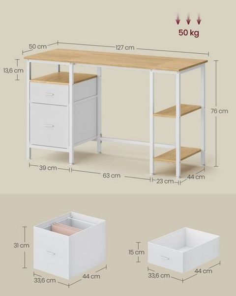 VASAGLE Schreibtisch mit 3 Ablagen, Bürotisch mit 2 Schubladen, 127 x 50 x 76 cm, moderner Stil, eichenfarben-weiß Bild 5