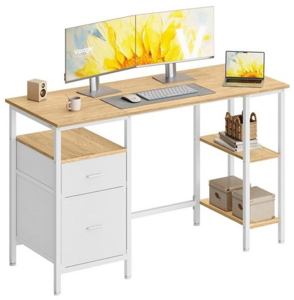 VASAGLE Schreibtisch mit 3 Ablagen, Bürotisch mit 2 Schubladen, 127 x 50 x 76 cm, moderner Stil, eichenfarben-weiß