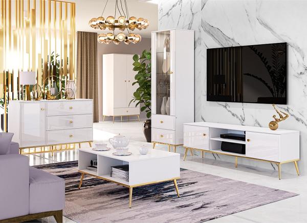 Wohnzimmer Komplett Set GUBIN-131 in weiß Hochglanz mit goldenen Akzenten