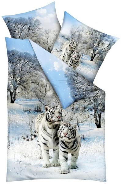 JACK Bettwäsche Schnee Tiger Raubkatze Winter Schnee Kaeppel, Mako-Satin, 2 teilig, hochwertiger Digitaldruck, elegantes Schneetigermotiv, Baumwolle