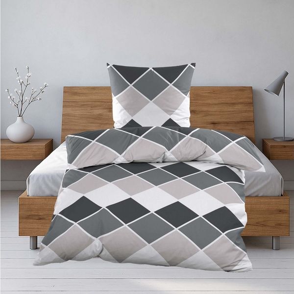 Casa Colori Bettwäsche Biber 135x200cm Anthrazit Grau Rauten, Biber, 4 teilig, 100% Baumwolle