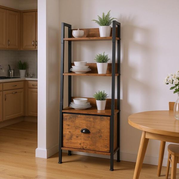 FurnitureR Esszimmer Glasvitrinen-Regal Leiterstil 42 x 29 x 110 cm, 4 Ebenen, Stoffschublade, 12 mm Holzplatten & 20 mm Metallrahmen, 7,5 cm Rückwand, Elegantes Präsentationsmöbel