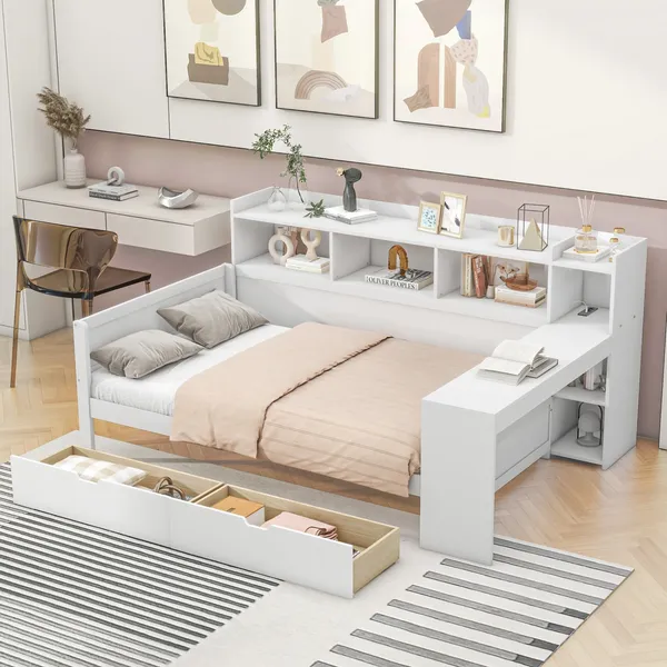 Jugendbett mit Schreibtisch und Bücherregal, 90x200 cm, Einzelbett mit Schubladen und Mehrfachsteckdose