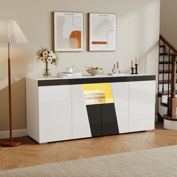 Merax 140 cm Sideboard, Großer Aufbewahrungsschrank mit 3 Schränken und 4 Türen, Abgewinkeltes Design + Schwarz-Weiß-Farbblockierung, Moderne Kommode mit LED-Lichtleiste